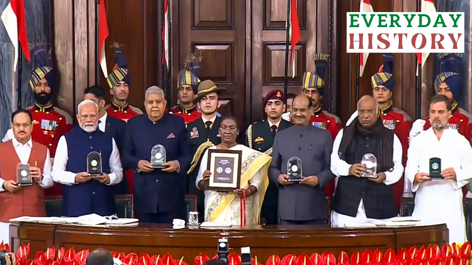 Constitution Day: President Droupadi Murmu, Vice President Jagdeep Dhankhar, PM Narendra Modi, Lok Sabha Speaker Om Birla, LoP in the Rajya Sabha Mallikarjun Kharge and LoP in the Lok Sabha Rahul Gandhi during 'Samvidhan Divas' function at Samvidhan Sadan, in New Delhi, Tuesday, Nov. 26, 2024
