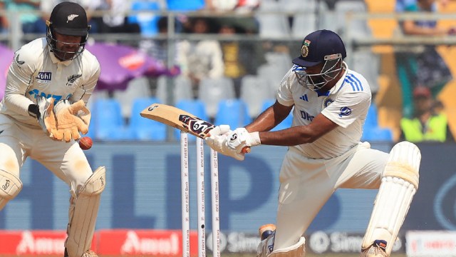 Ravichandran Ashwin plays a shot to get dismissed in the Wankhede Test against New Zealand. (Express Photo by Amit Chakravarty)