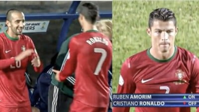 Screengrabs showing Ruben Amorim replacing Cristiano Ronaldo on international duty for Portugal national team.