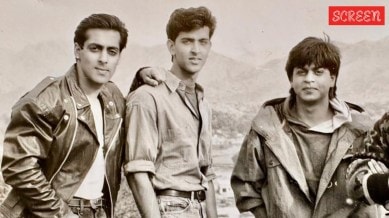 Salman Khan, Shah Rukh Khan, and Hrithik Roshan on the sets of Karan Arjun