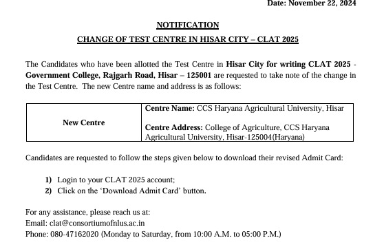CLAT 2025: Change in exam centre; download revised admit card from consortiumofnlus.ac.in