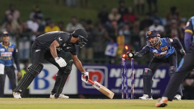 Sri Lanka's Kusal Mendis successfully stumps to dismiss New Zealand's Ish Sodhi during the second ODI cricket match between Sri Lanka and New Zealand in Pallekele, Sri Lanka, Sunday