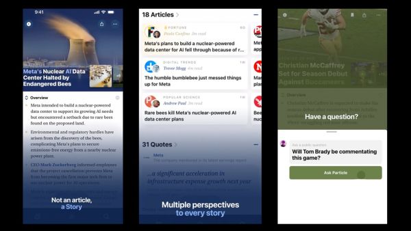Particle provides AI-generated summaries of news topics with multiple perspectives. 