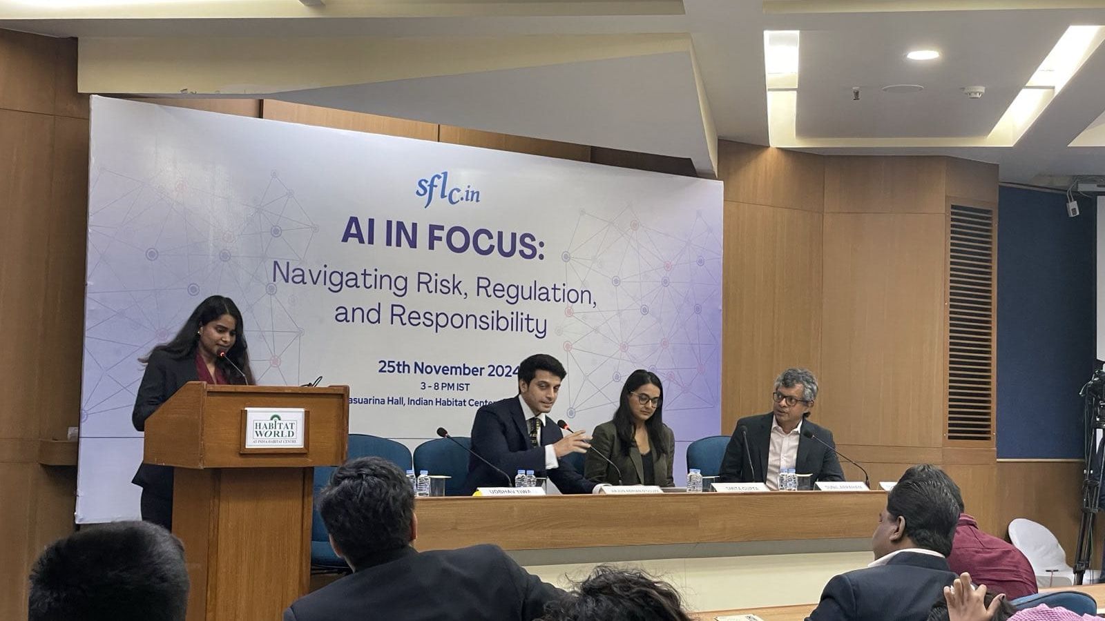 Sunil Abraham, Meta India policy director (right), Smitha Gupta, co-lead of OpenNyAI, and Arjun Adrian D'Souza, SFLC legal counsel, at a panel discussion organised on Monday, November 25.