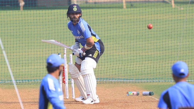 India's Virat Kohli bats successful  the nets astatine  the Wankhede Stadium during the bid    against New Zealand. (Express Photo by Amit Chakravarty)