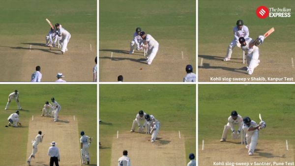 Virat Kohli's slog-sweep dismissals against Shakib and Santner. (Screengrabs)