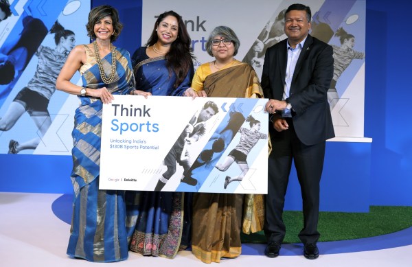 Sports presenter Mandira Bedi with Roma Datta Chobey, Google India MD; Sujata Chaturvedi, Sports Ministry secretary; Romal Shetty, CEO, Deloitte Southeast Asia (left to right). 