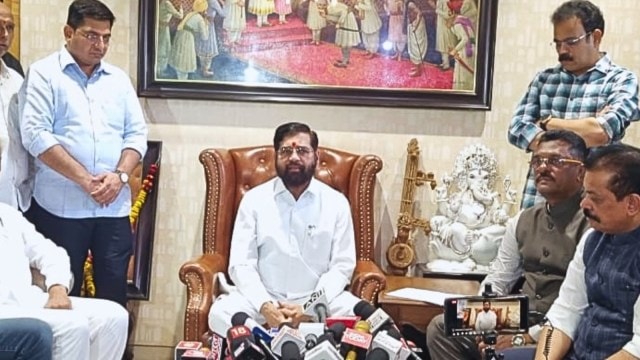 Former Maharashtra CM Eknath Shinde addressing a press conference in Thane.