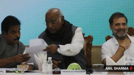 Congress President Mallikarjun Kharge with LoP in the Lok Sabha and party leader Rahul Gandhi and KC Venugopal during the Congress Working Committee meeting, at the AICC headquarters in New Delhi. (Express Photo by Anil Sharma)