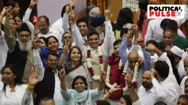 Mayor Mahesh Khichi with party leaders after the polls on Thursday. (Express photo by Tashi Tobgyal)