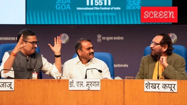Union Minister of State for I&B L Murugan, Secretary I&B Sanjay Jaju and IFFI Director Shekhar Kapur during the curtain raiser press conference of IFFI 2024.