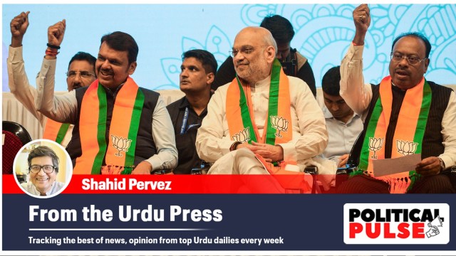 Maharashtra deputy CM Devendra Fadnavis, Union Home Minister Amit Shah and state BJP president Chandrashekhar Bawankule at a party meeting in Mumbai. (Express file photo by Sankhadeep Banerjee)