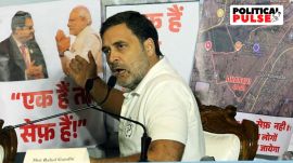 rahul adani Congress leader Rahul Gandhi at a press conference "Ek Hain to Safe Hain" in Mumbai on Monday. Express Photo by Ganesh Shirsekar