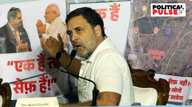 Congress leader Rahul Gandhi at a press conference "Ek Hain to Safe Hain" in Mumbai on Monday. Express Photo by Ganesh Shirsekar