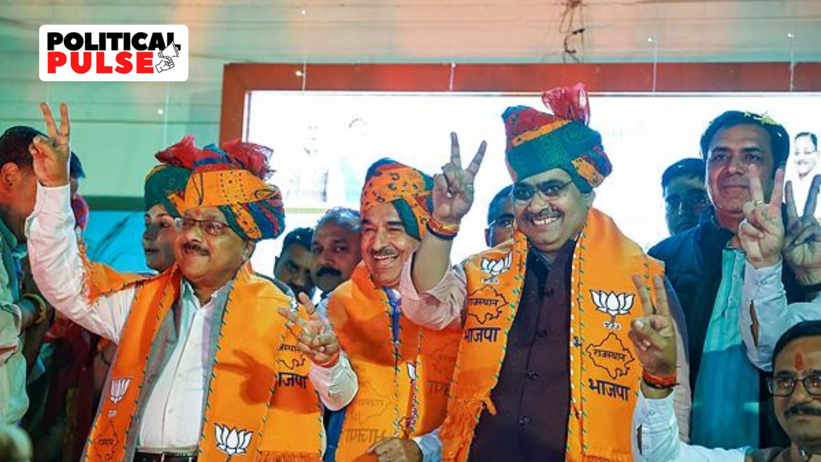 Rajasthan Chief Minister Bhajan Lal Sharma, state BJP President Madan Rathore, and party leader Radha Mohan Das Agarwal during celebrations after the party's victory in five of the state assembly bypolls, in Jaipur,