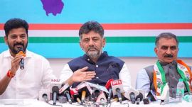 Telangana Chief Minister Revanth Reddy, Karnataka Deputy Chief Minister DK Shivakumar and Himachal Pradesh Chief Minister Sukhvinder Singh Sukhu address a press conference ahead of the Maharashtra Assembly elections, in Mumbai, Saturday, Nov. 9, 2024. (PTI Photo