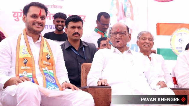 NCP(SP) main  Sharad Pawar addressing nationalist   rally astatine  Supe successful  Baramati assembly constituency for enactment      campaigner  Yugendra Pawar who is contesting against his uncle Ajit Pawar of NCP.Express Photo By Pavan Khengre