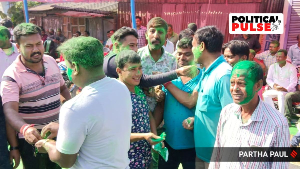 TMC supporters celebrate after the result announcement of Sitai assembly constituency. (Express Photo by Pratha Paul)