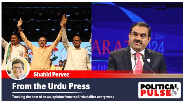 Congress person  Nana Patole, Shiv Sena (UBT) main  Uddhav Thackeray and NCP (SP) supremo Sharad Pawar campaigning up  of the Maharashtra Assembly elections (L); and Adani Group president  Gautam Adani. (Express record  photos)