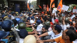 Activists of Bongiya Hindu Jagaran Mancha during a protest march  to Bangladesh Deputy High Commission  office in Kolkata. (Express Photo by Partha Paul)