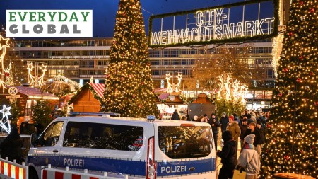 A police car secures an entrance of the Christmas market on the Breitscheidplatz, after a car rammed into a crowd of people at the Magdeburg Christmas market, in Berlin, Germany December 21, 2024.