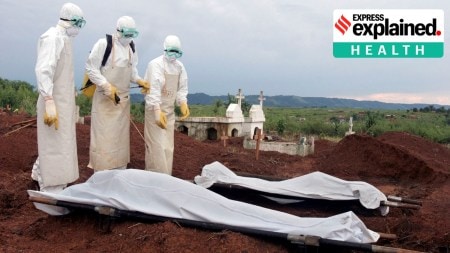 Marburg virus outbreak: Soldiers in Angola, wearing biohazard suits as they bury two bodies at a cemetery in 2005, during a Marburg outbreak in Angola. (Evelyn Hockstein/The New York Times)