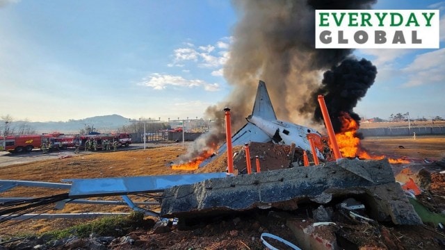 In this photo provided by South Korea's Muan Fire Station, a passenger plane is in flames at the Muan International Airport in Muan, South Korea, Sunday, Dec. 29, 2024. (AP/PTI)