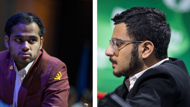 Raunak Sadhwani (RIGHT) took down Alireza Firouzja in Round 2 while Arjun Erigaisi (LEFT) stayed ahead of Fabiano Caruana in the standings after day 1. (PHOTOS: FIDE via Lennart Ootes)