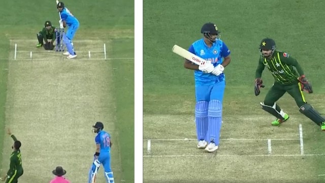 R Ashwin leaves the ball for a wide from Pakistan's Nawaz in the 2022 T20 World Cup. (Screengrabs via ICC)