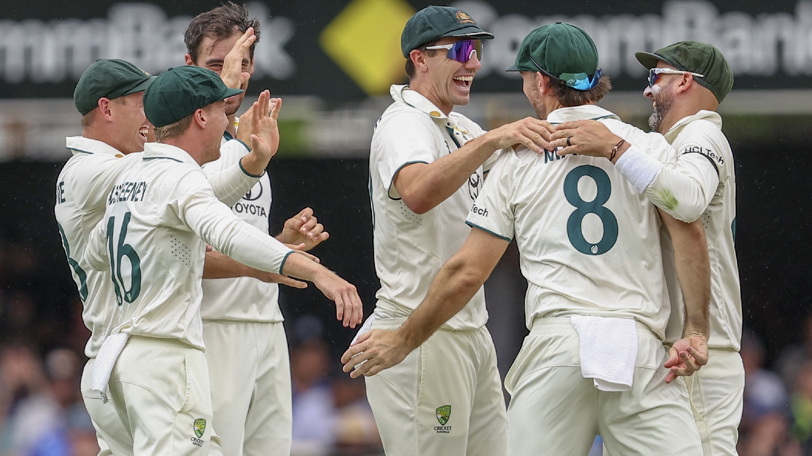 Australian players celebrates the wicket of India's Shubman Gill during play on day three of the third cricket test between India and Australia at the Gabba in Brisbane, Australia, Monday, Dec. 16, 2024. (AP Photo)