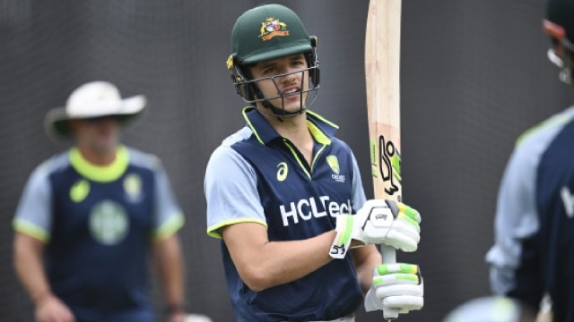 Australia's Sam Konstas reacts during a cricket team training session at the Melbourne Cricket Ground on Tuesday. (AAP Image via AP)