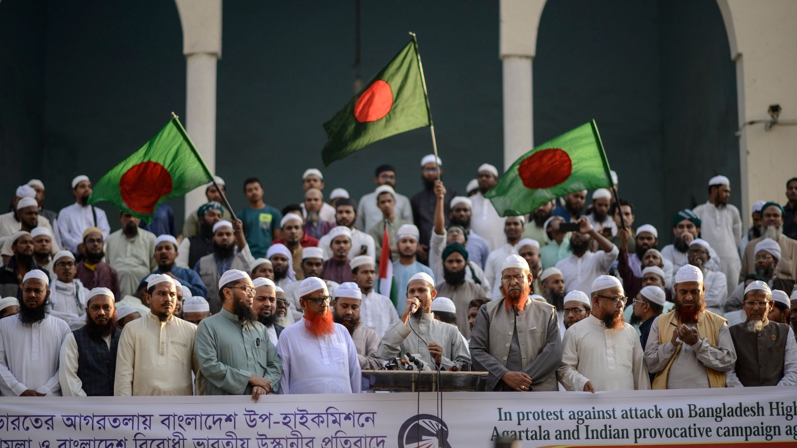 Members of Islami Andolan Bangladesh shout slogans during a protest in Dhaka after a group of people in Agartala stormed a consulate office of Bangladesh. (AP Photo)