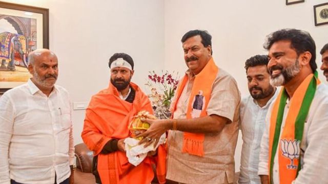 BJP leader Ponguleti Sudhakar Reddy during a meeting with party leader and MLC CT Ravi, who was arrested and later released for allegedly using a derogatory word against Minister Laxmi Hebbalkar, in Chikkamagaluru, Karnataka, on Monday. (PTI Photo)
