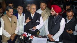 Congress leader Abhishek Manu Singhvi, with party leaders Nana Patole, Pawan Khera, and Gurdeep Sappal, addresses the media after a meeting with the Election Commission, at Nirvachan Sadan in New Delhi, on Tuesday. (PTI Photo)