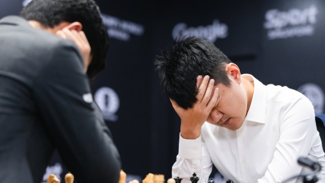 Ding Liren reacts during Game 11 of the 2024 World Chess Championship against India’s Gukesh. (PHOTO: FIDE/Eng Chin An)