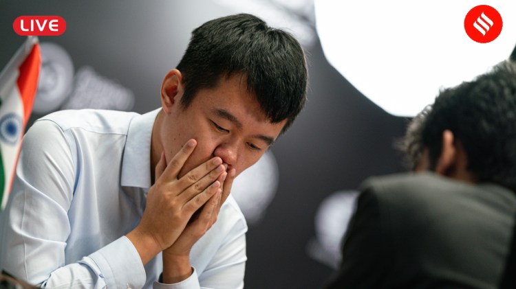 World Chess Championship 2024 Game 14 Live Updates: Ding Liren thinks about his next move in game 13 against Gukesh at the world chess championship. (PHOTO: FIDE via Eric Rosen)