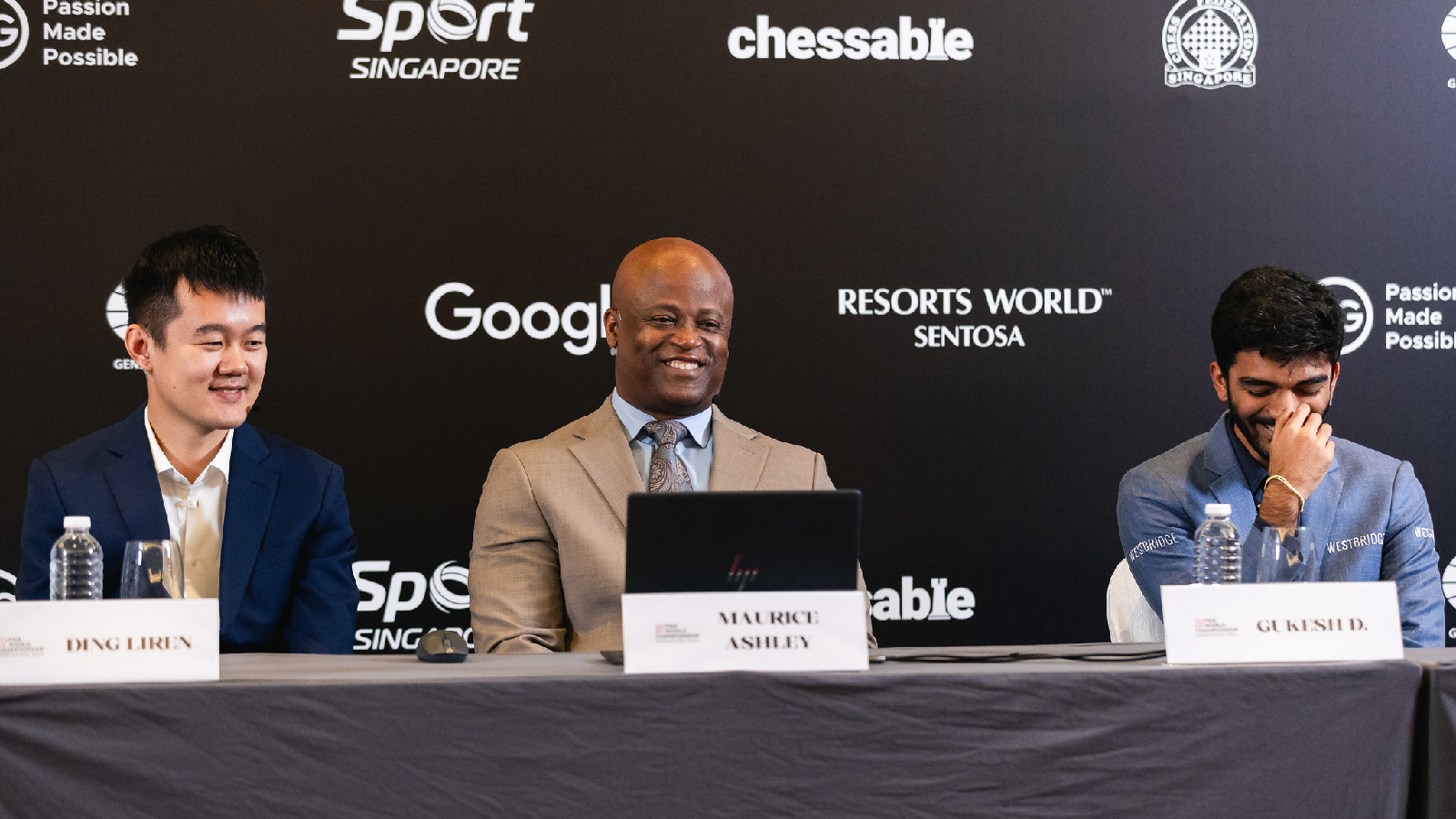 Gukesh and Ding Liren react during Game 6 of the World Chess Championship. (PHOTOS: Eng Chin An via FIDE Flickr)