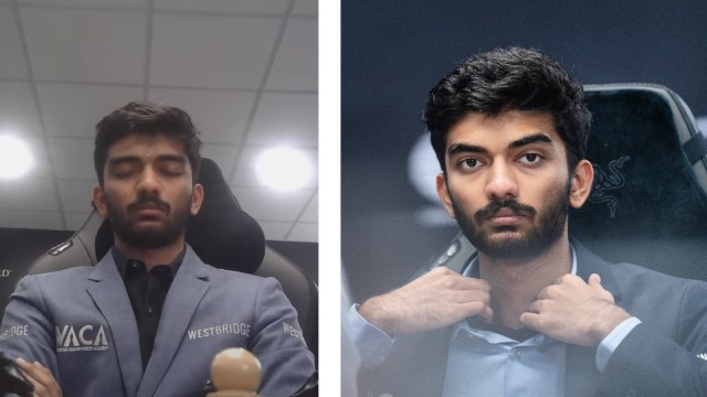 (LEFT) Gukesh meditates in the middle of a game; Gukesh is hoping to be the youngest ever world champion. (PHOTOs: Screengrab via FIDE YouTube, Eng Chin An)