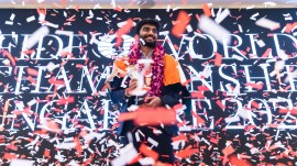 India's D Gukesh on Thursday became the youngest world chess champion at 18 years of age after beating Ding Liren. (FIDE via Eng Chin An)