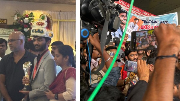 (LEFT) Gukesh felicitated at his school with his parents; (RIGHT) Gukesh gets mobbed by cameramen and fans as he tries to leave the Chennai Airport. (PHOTOS: Venkata Krishna B)