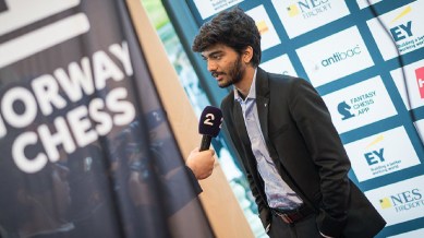 Gukesh during the 2023 Norway Chess tournament. (PHOTO: Norway Chess via Lennart Ootes)
