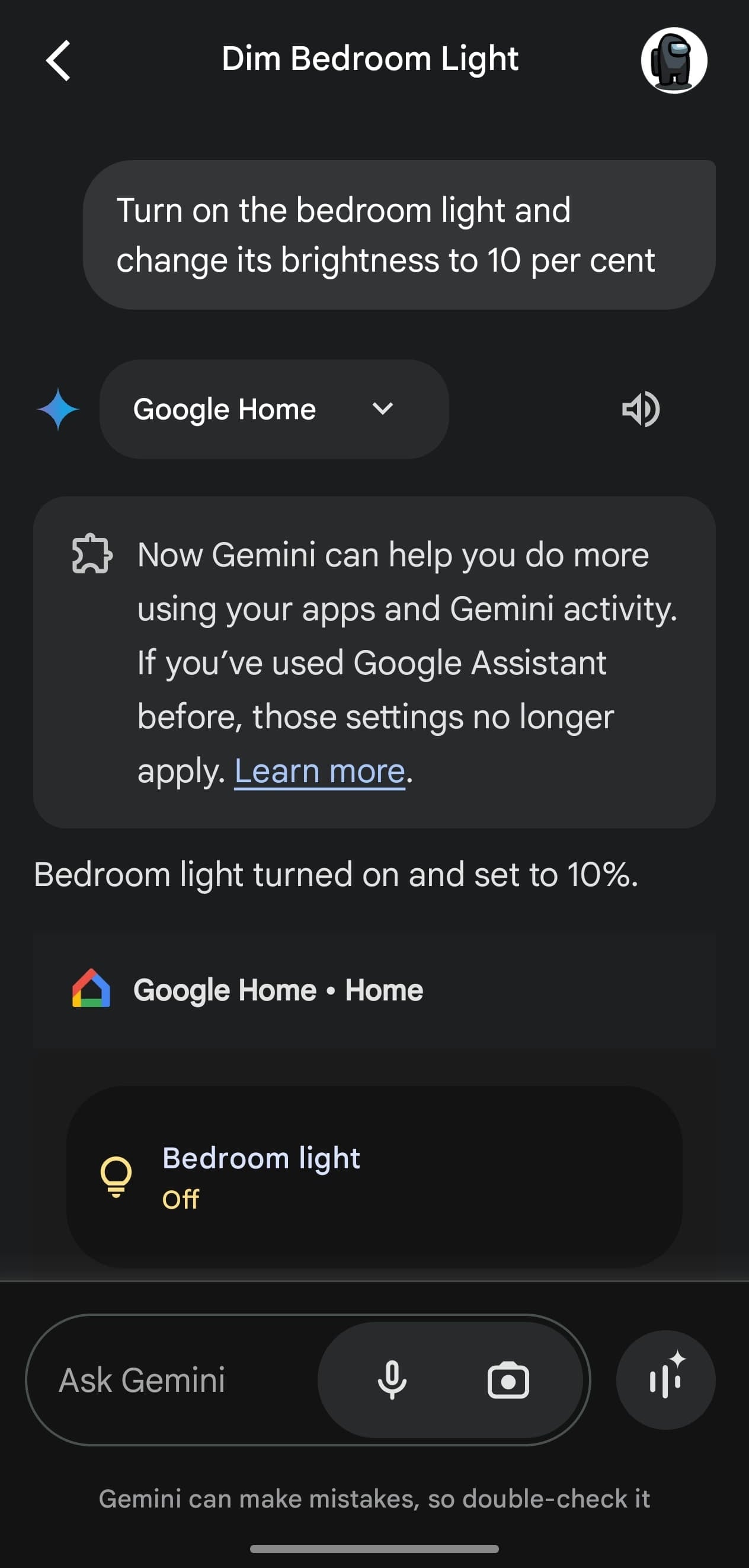 Gemini's Google Home extensions lets you control your smart devices.