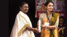 President Droupadi Murmu with a recipient during the first convocation of AIIMS Mangalagiri, in Guntur district of Andhra Pradesh, on Tuesday. (PTI Photo)