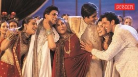 Kajol, Shah Rukh Khan, Jaya Bachchan, Amitabh Bachchan, Kareena Kapoor and Hrithik Roshan in Kabhi Khushi Kabhie Gham.