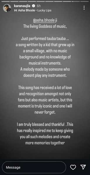 Karan Aujla pens a heartfelt note on Asha Bhosle performance on Tauba Tauba