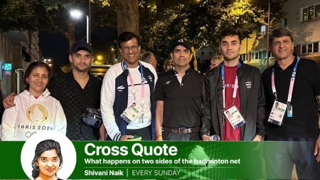 Lakshya Sen with Prakash Padukone (to his left), father DK Sen (left), and Vimal Kumar (center)