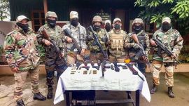 Arms and ammunition recovered during search operations and area domination conducted by security forces in the fringe and vulnerable areas of hill and valley districts of Manipur. (PTI Photo)