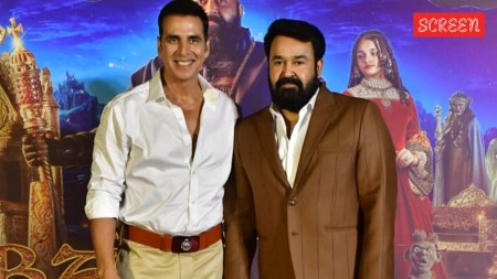 Malayalam star Mohanlal with Bollywood's Akshay Kumar during the trailer launch event of the former's debut directorial Barroz 3D in Mumbai on Wednesday.