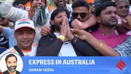 Nitish Kumar Reddy's father Mutyalu Reddy reacts after his son scored a century at the MCG. (Screengrab)