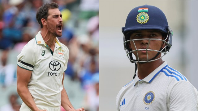 Australia's Mitchell Starc celebrates the dismissal of India's Yashasvi Jaiswal during the day one of the second cricket test match between Australia and India at the Adelaide Oval in Adelaide, Australia. (AP | PTI)